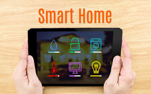 A tablet displaying colorful smart home control icons is overlaid on an image of a house.