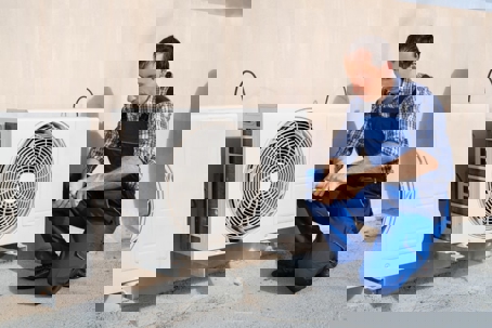 An HVAC technician is shown kneeling and inspecting an air conditioning unit