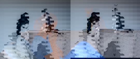 A woman is shown sneezing while sitting on a sofa, likely from allergies