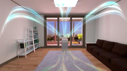 A living room showcases the unseen, with blue air currents.