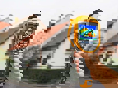 A yellow thermal camera shows heat loss in a building, which means poor insulation.